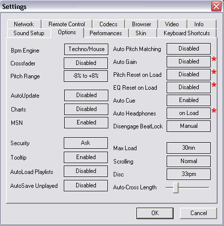 Options (only *), Performances and Remote Control setup