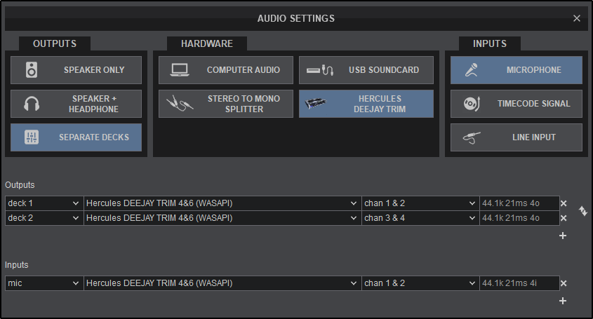 samson sound deck settings